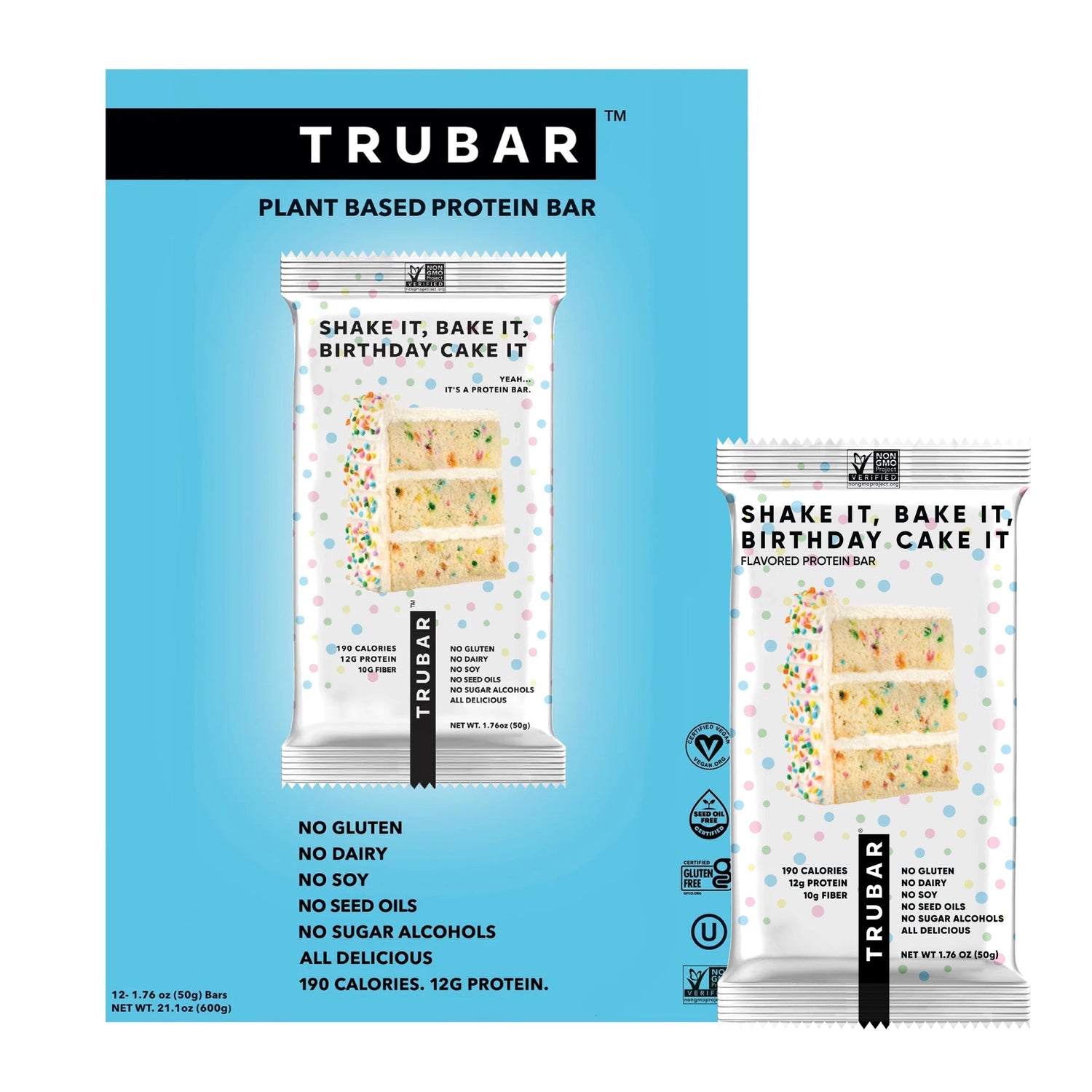TRUBAR plant based protein bar pouch set, birthday cake flavor with nutrition callouts