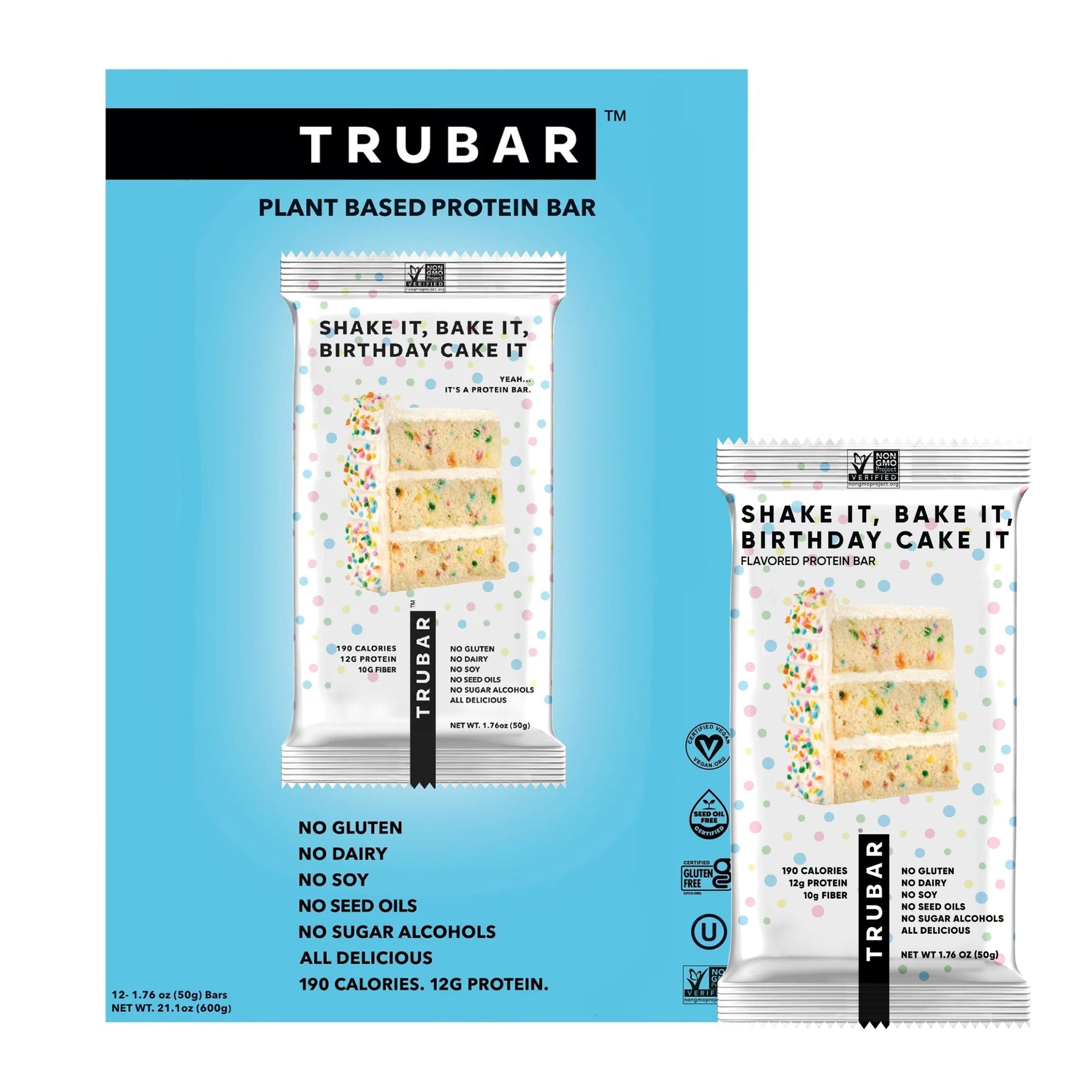 TRUBAR plant based protein bar pouch set, birthday cake flavor with nutrition callouts