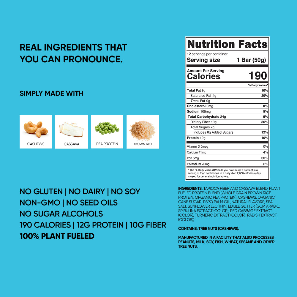TRUBAR protein bar info panel with Nutrition Facts and ingredient highlights