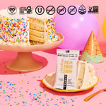 TRUBAR birthday cake protein bar with slice showing sprinkles and allergen icons