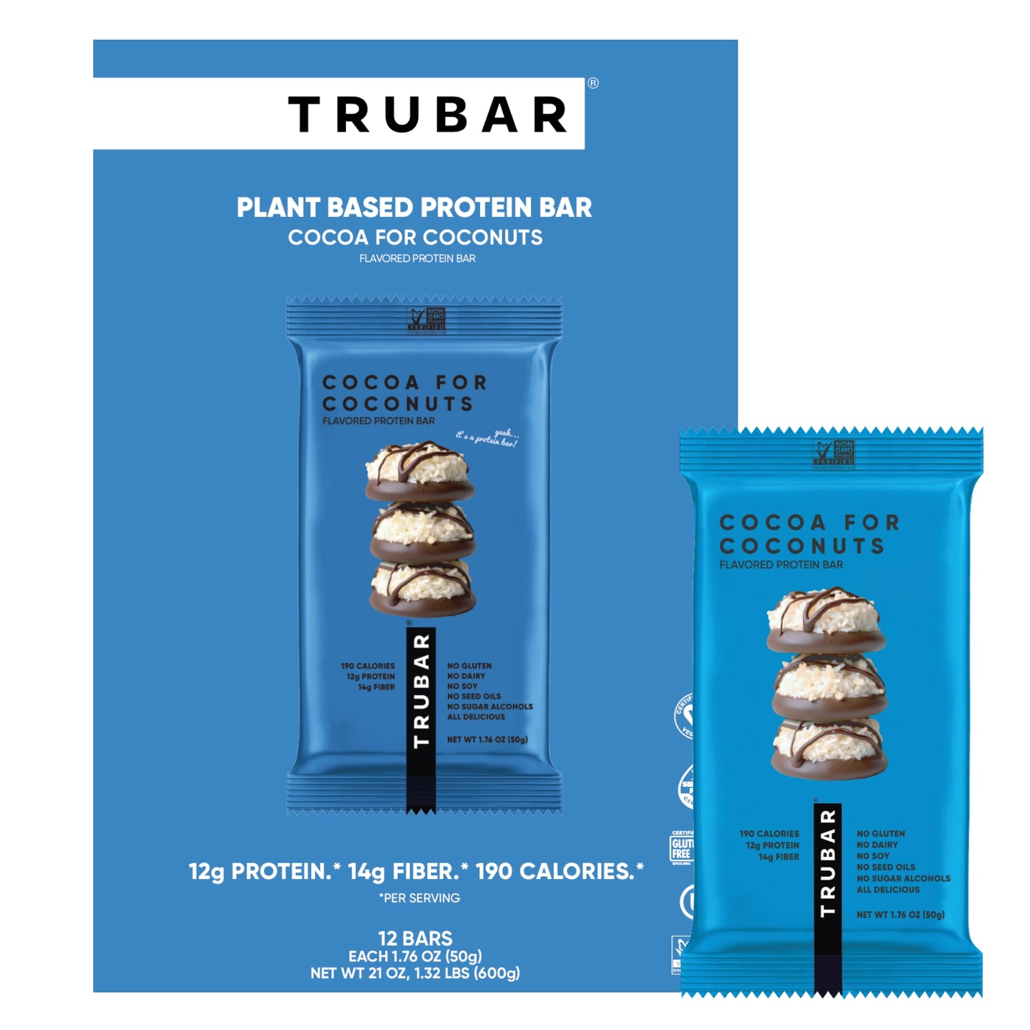 TruBar plant-based protein bar box and single pouch, cocoa for coconuts