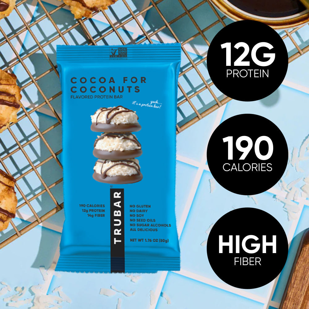 TruBar cocoa for coconuts protein bar pouch with 12g protein and 190 calories callouts