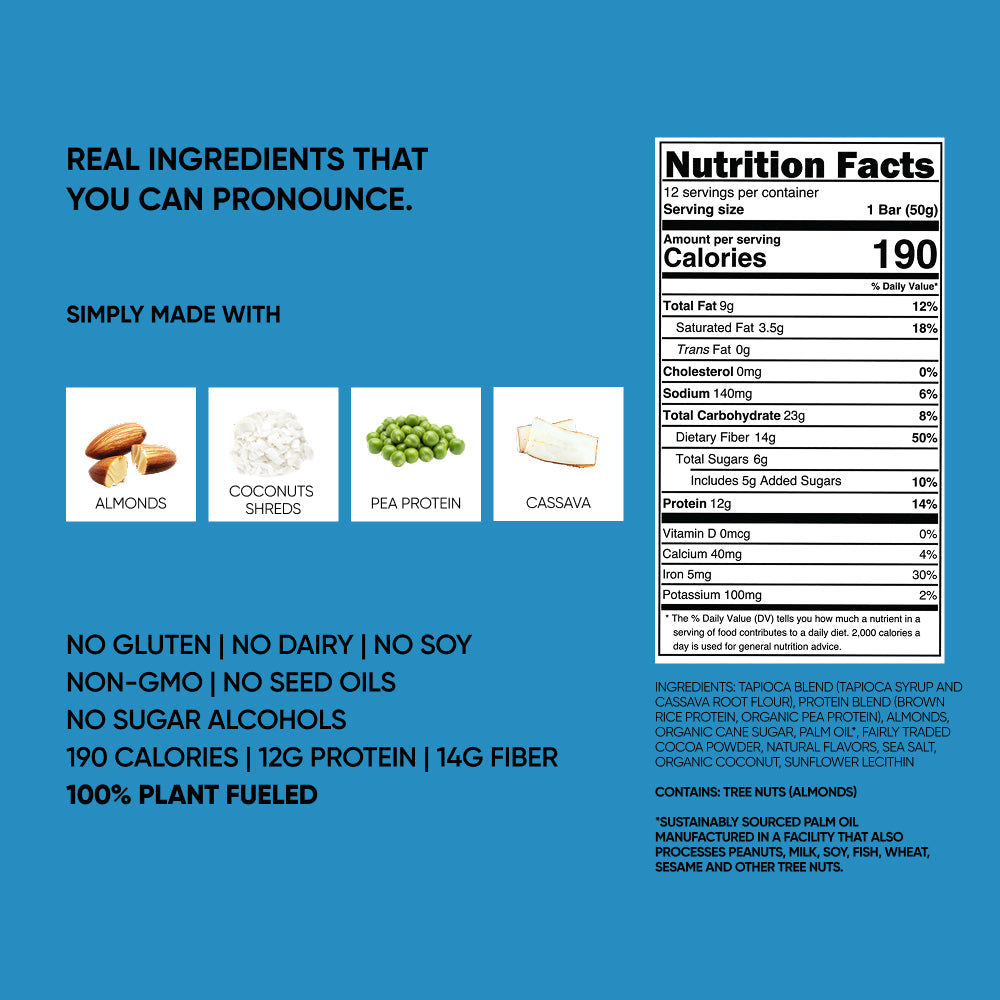 TruBar cocoa for coconuts protein bar packaging with ingredients and nutrition facts panel