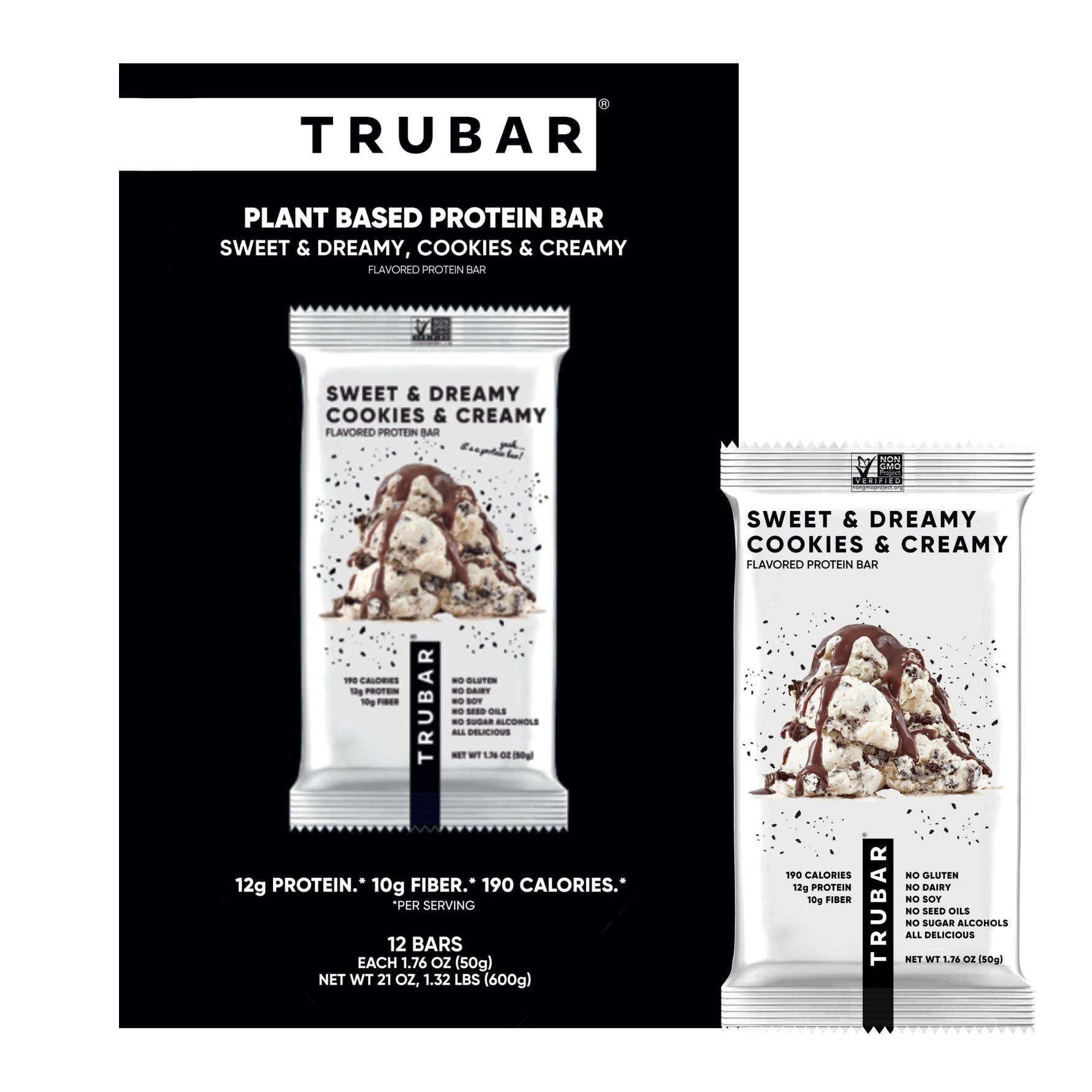 TRUBAR plant-based protein bar pack featuring Sweet & Dreamy Cookies & Creamy pouch