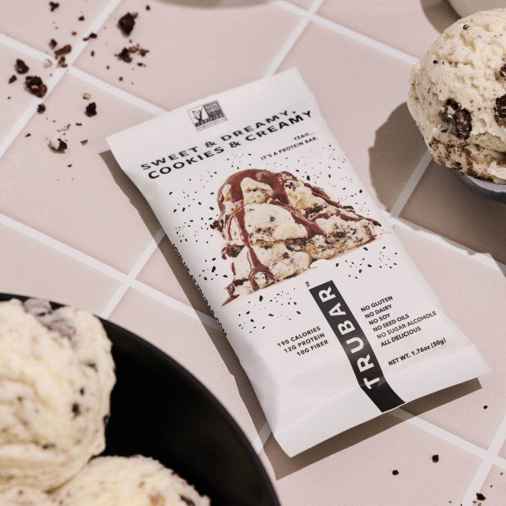 Sweet & Dreamy Cookies & Creamy protein bar pouch with chocolate and cream crumbles graphic