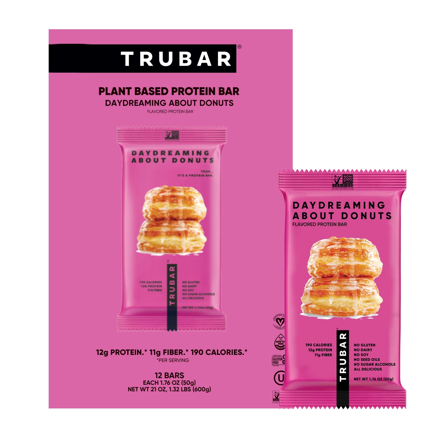 TRUBAR plant-based protein bar packaging set with pink donut flavor graphics.