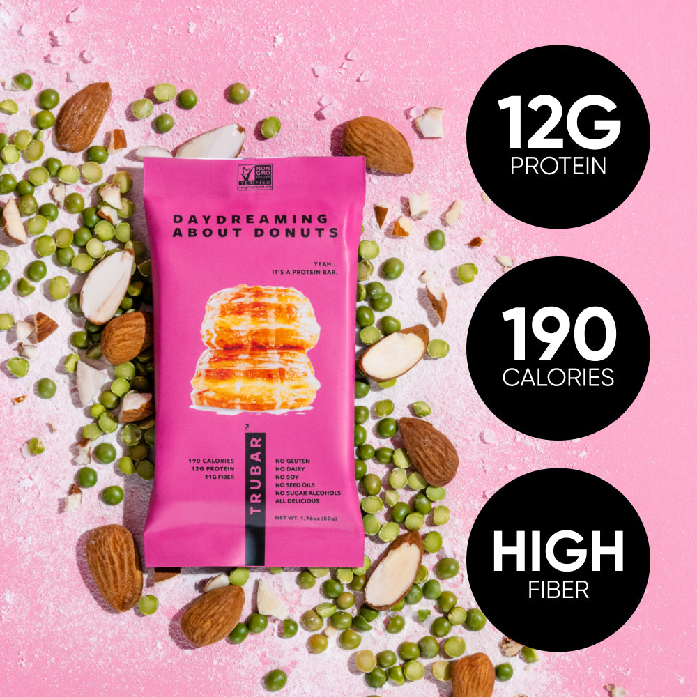 TRUBAR protein bar with donut image on wrapper, plus protein and calories icons.