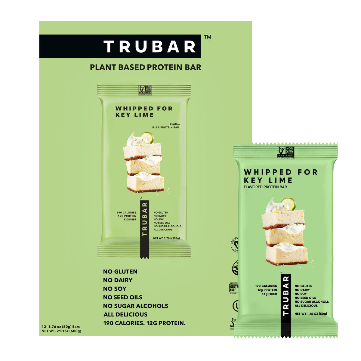 TRUBAR plant-based protein bar, green pouch shown with front panel and dessert stack