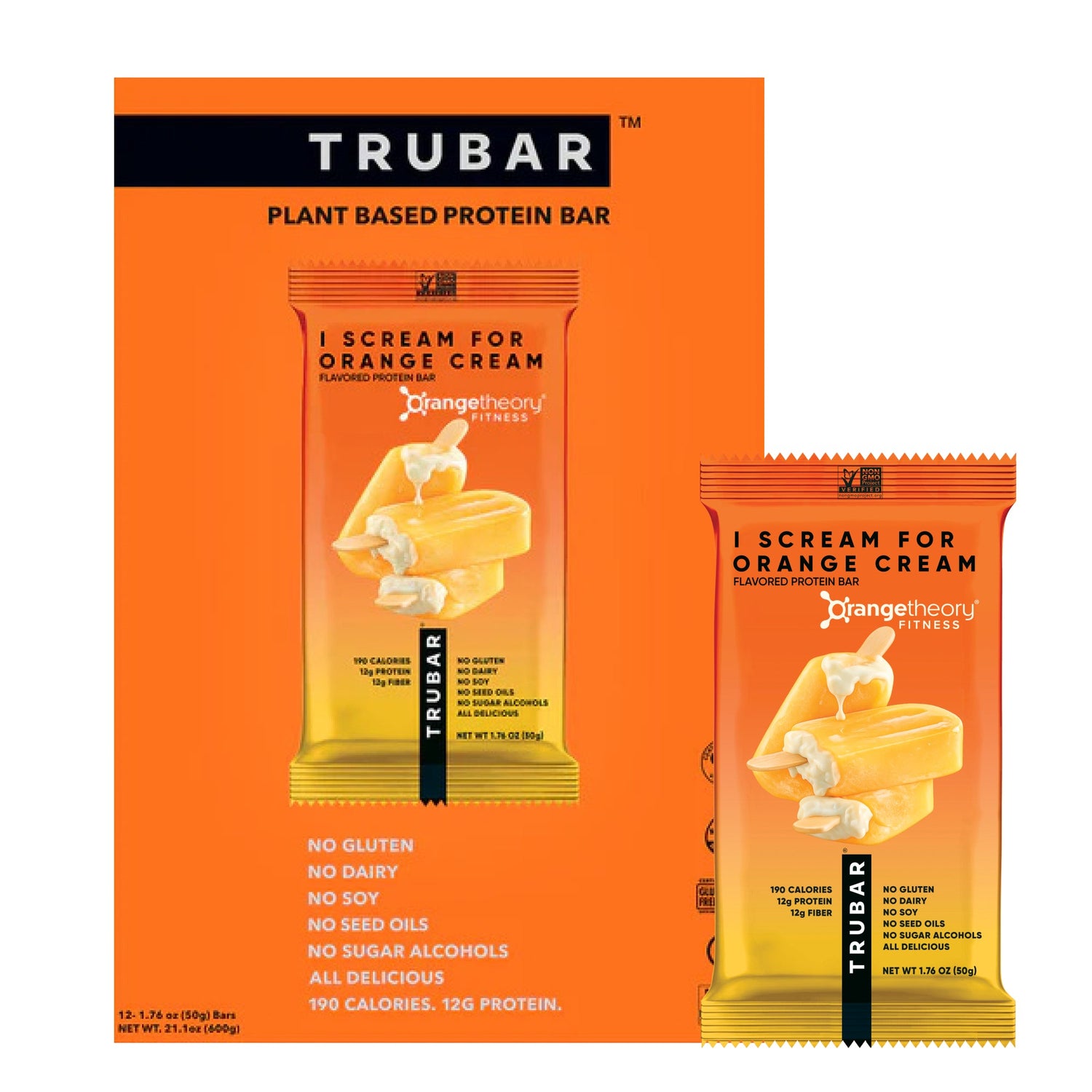 Orange TRUBAR plant based protein bar box with two 'I Scream for Orange Cream' packs