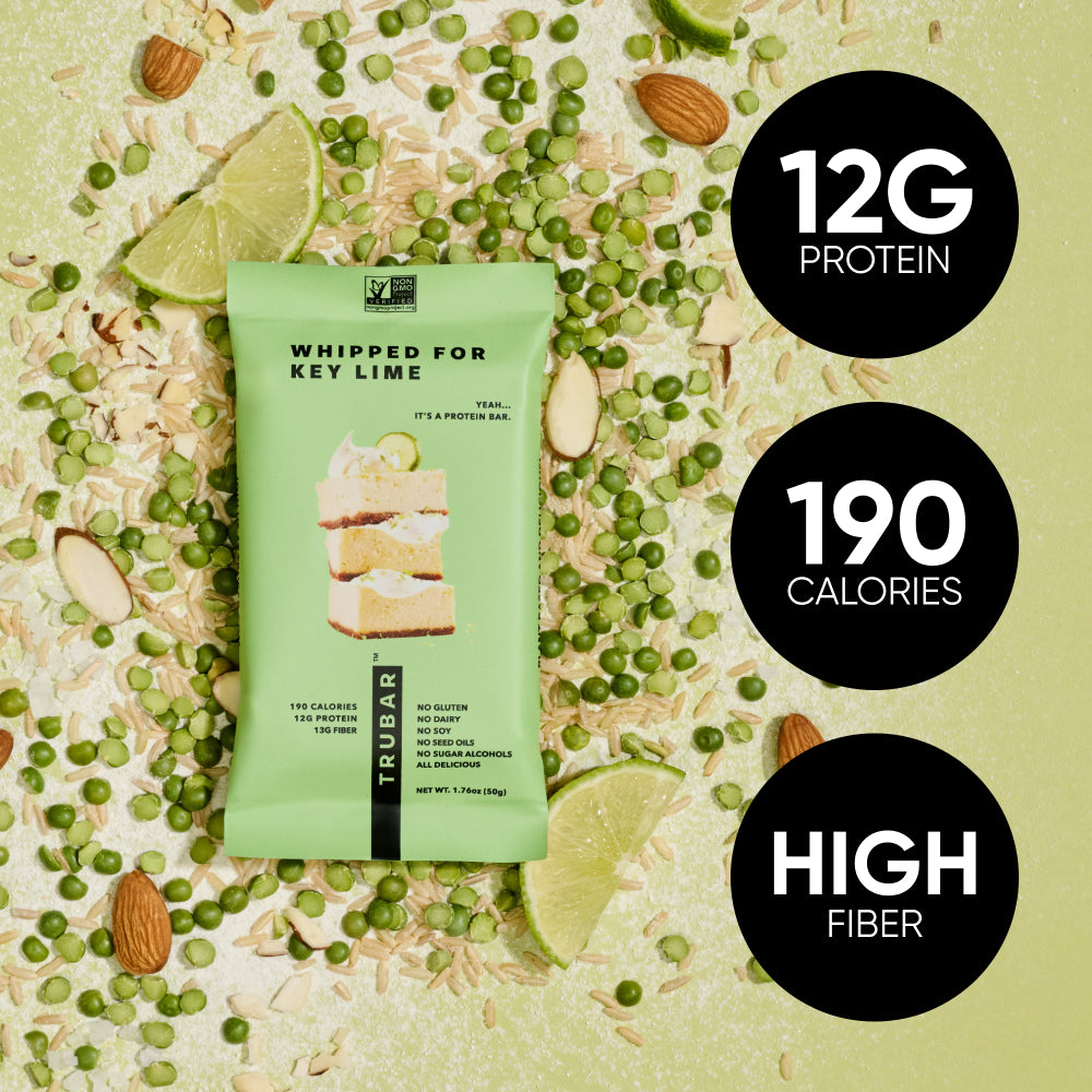 Key lime protein bar pouch with callouts: 12g protein, 190 calories, high fiber