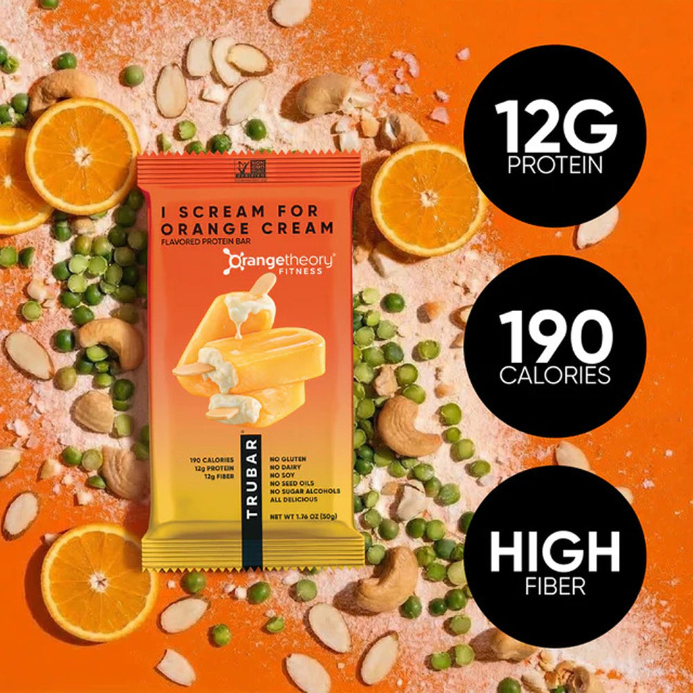 TRUBAR 'I Scream for Orange Cream' protein bar with orange slices and 12g protein badge