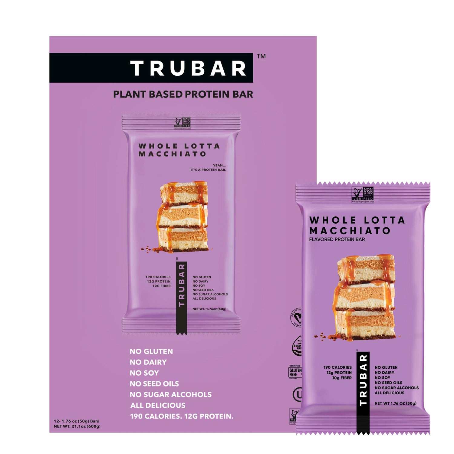 Set of purple plant-based protein bar pouches, TRUBAR brand