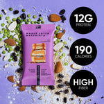 Purple protein bar pouch with coffee and seeds, plus 12g protein badge