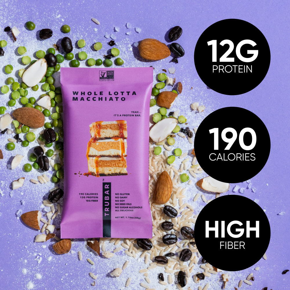 Purple protein bar pouch with coffee and seeds, plus 12g protein badge
