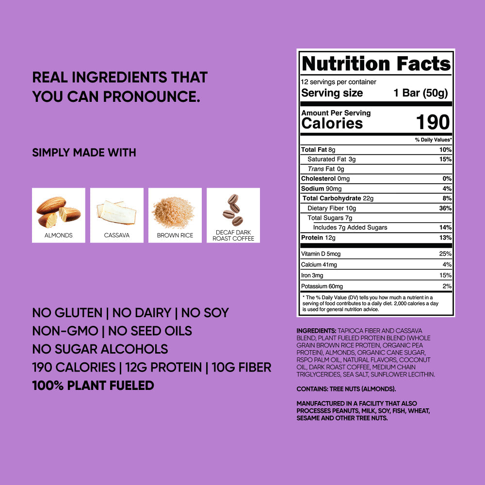 Protein bar nutrition and ingredients panels on purple pouch