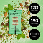 Mint green protein bar with 12g protein, 190 calories, and high fiber badges