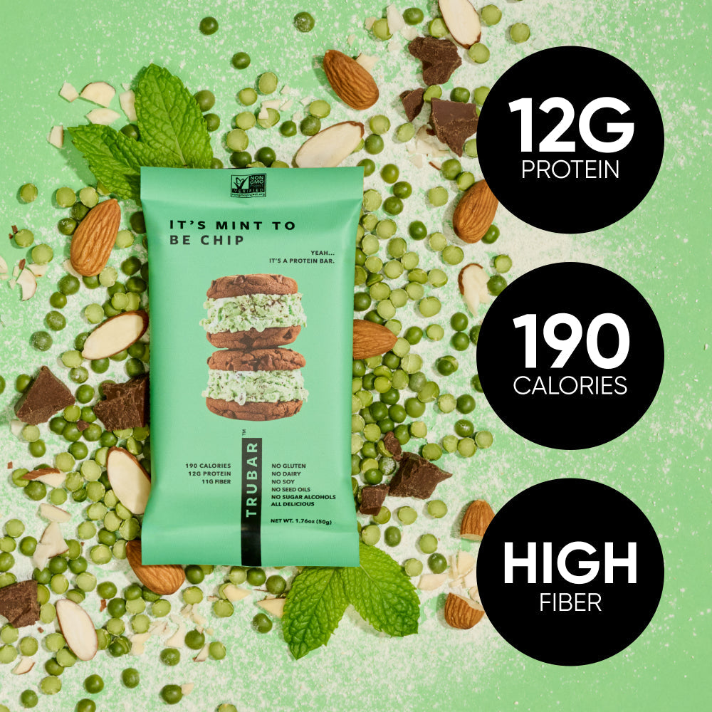 Mint green protein bar with 12g protein, 190 calories, and high fiber badges