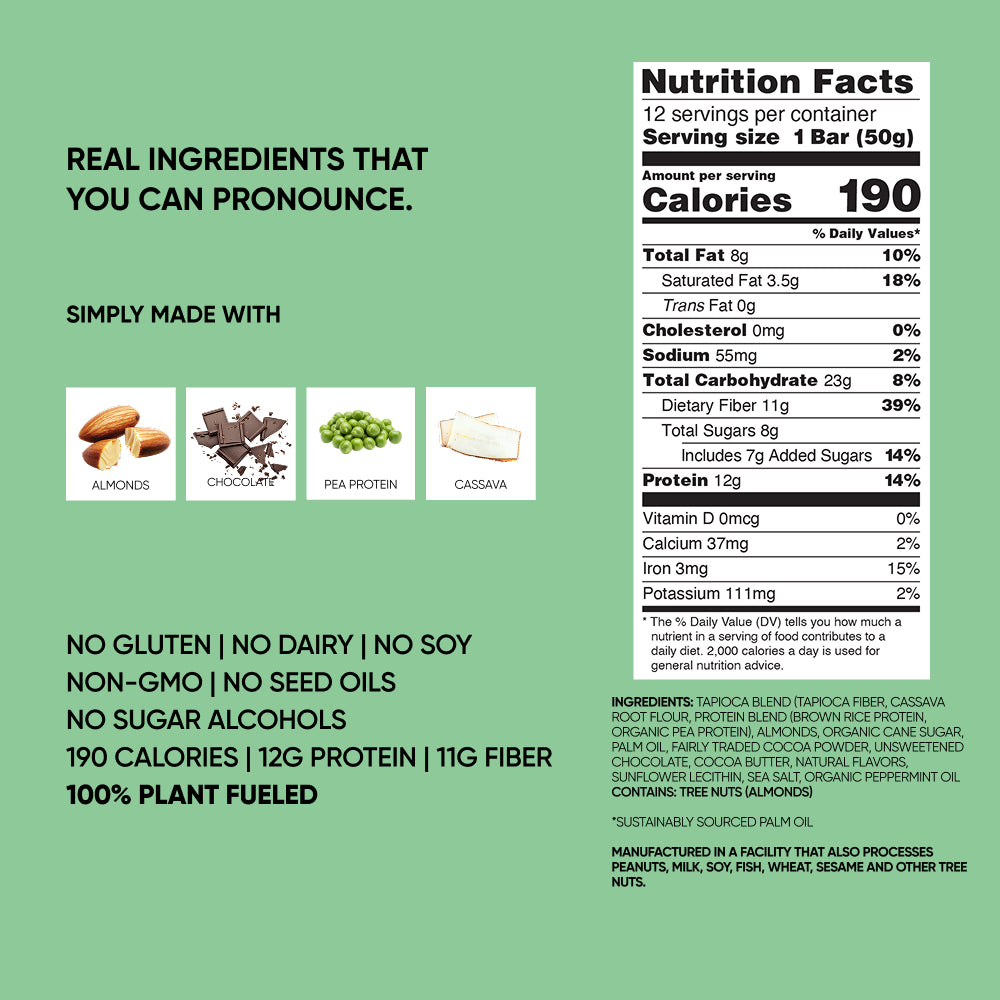 Nutrition facts panel for mint protein bar with serving and ingredient details