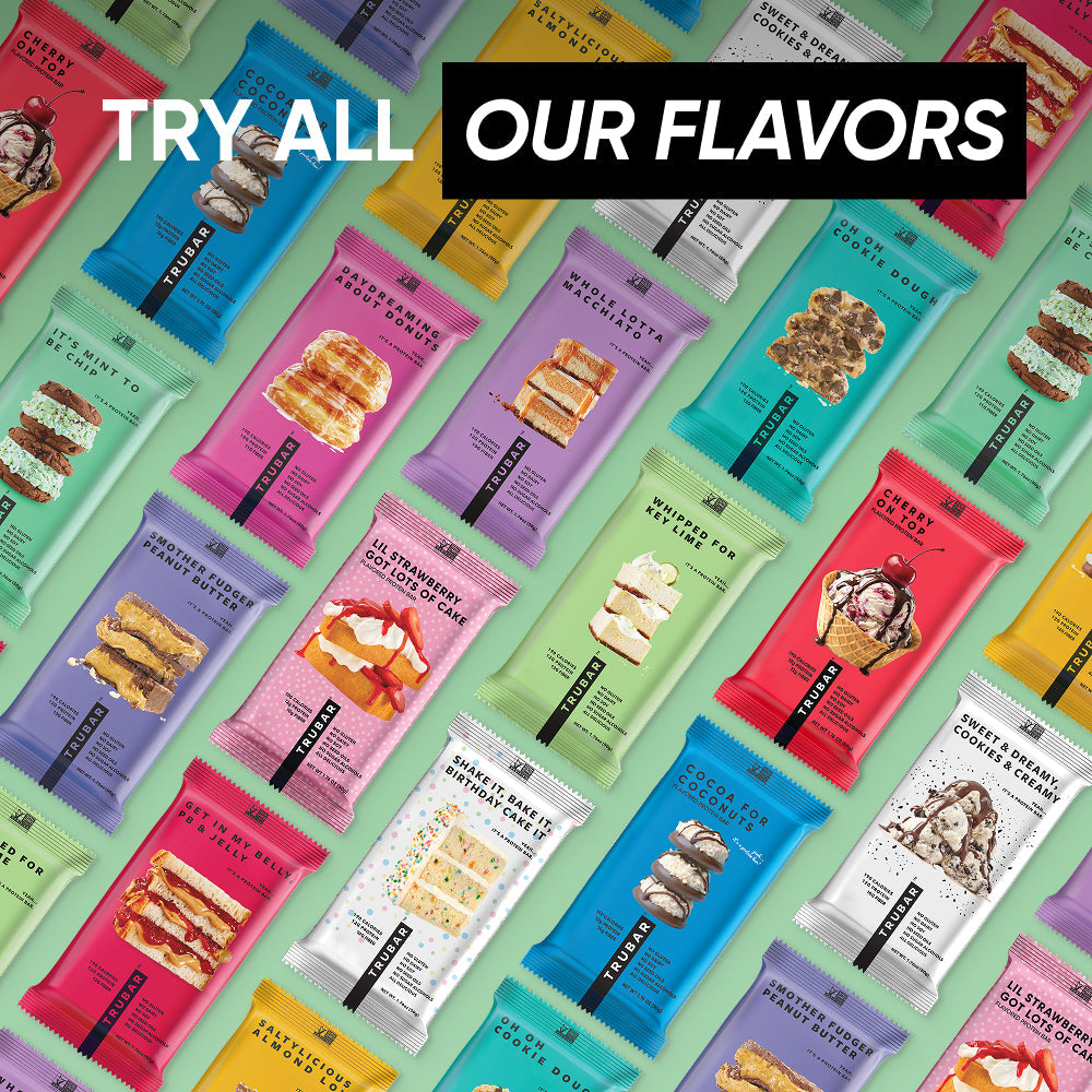Assorted TRU BAR protein bars, including a mint-flavored green wrapper bar