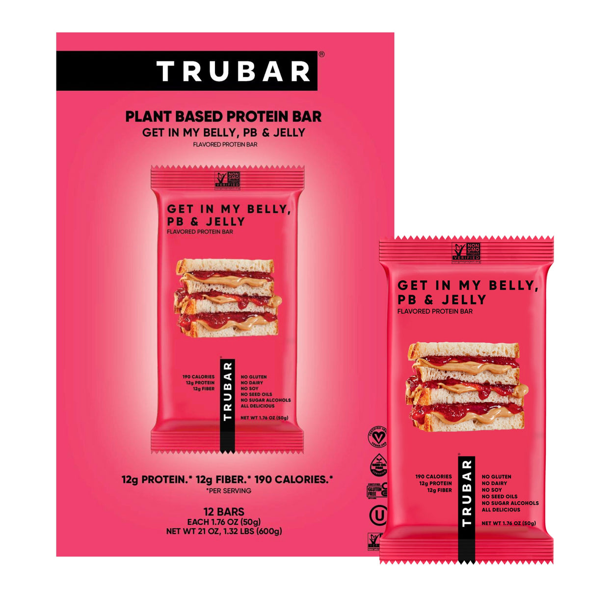 TruBar plant-based protein bar multipack display, pink pouch front and side views