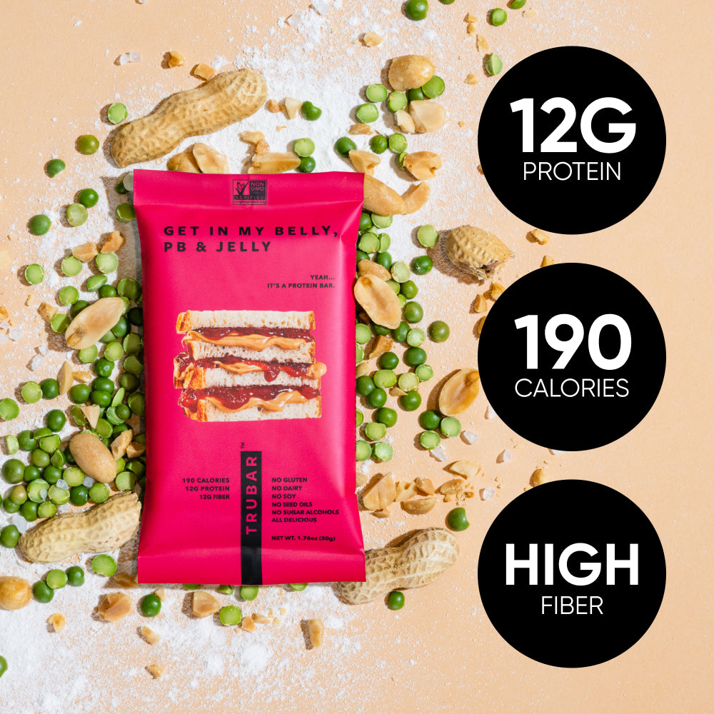 Pink protein bar pouch with 12g protein, 190 calories, and high fiber labels