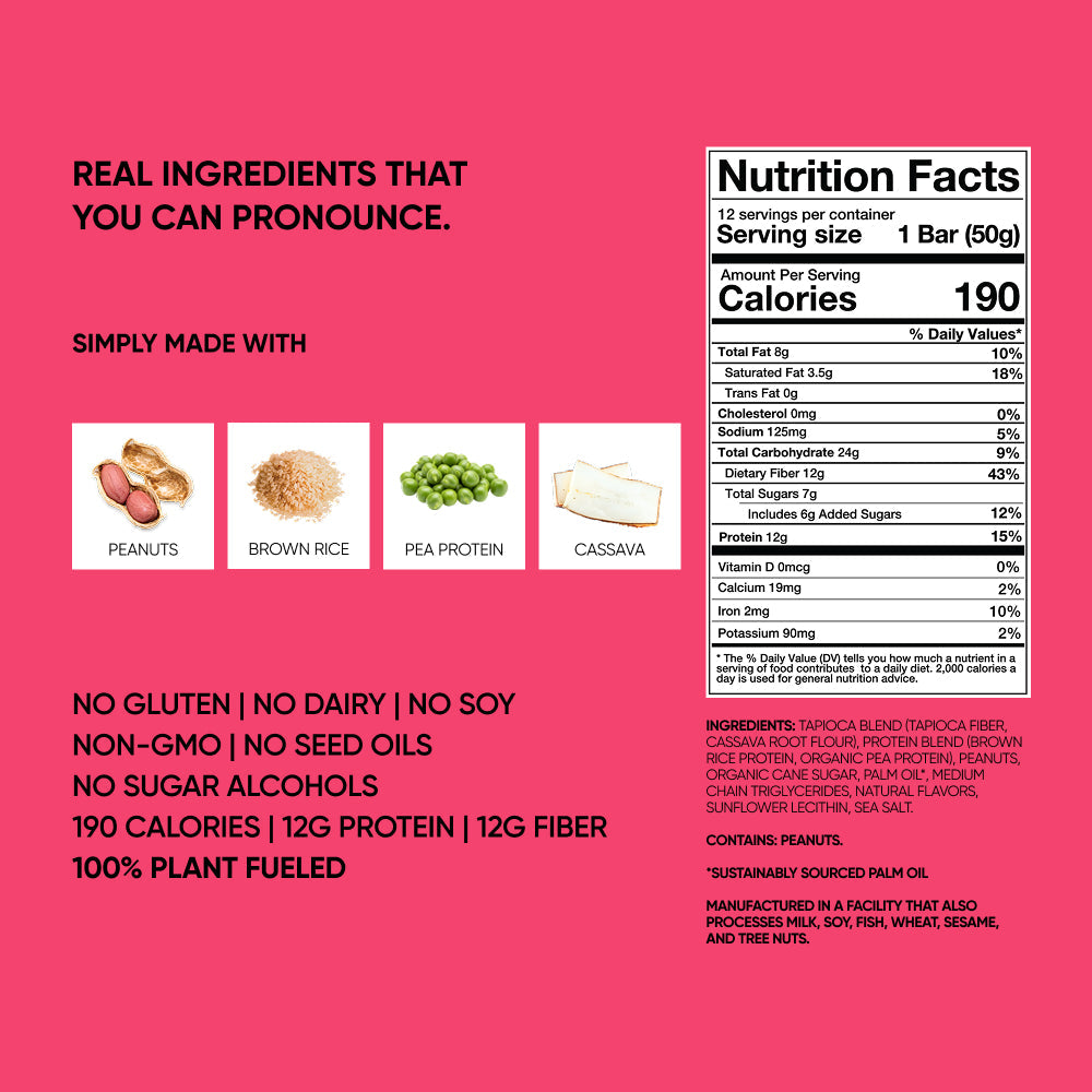 TruBar protein bar back panel with Nutrition Facts and ingredient highlights on pink
