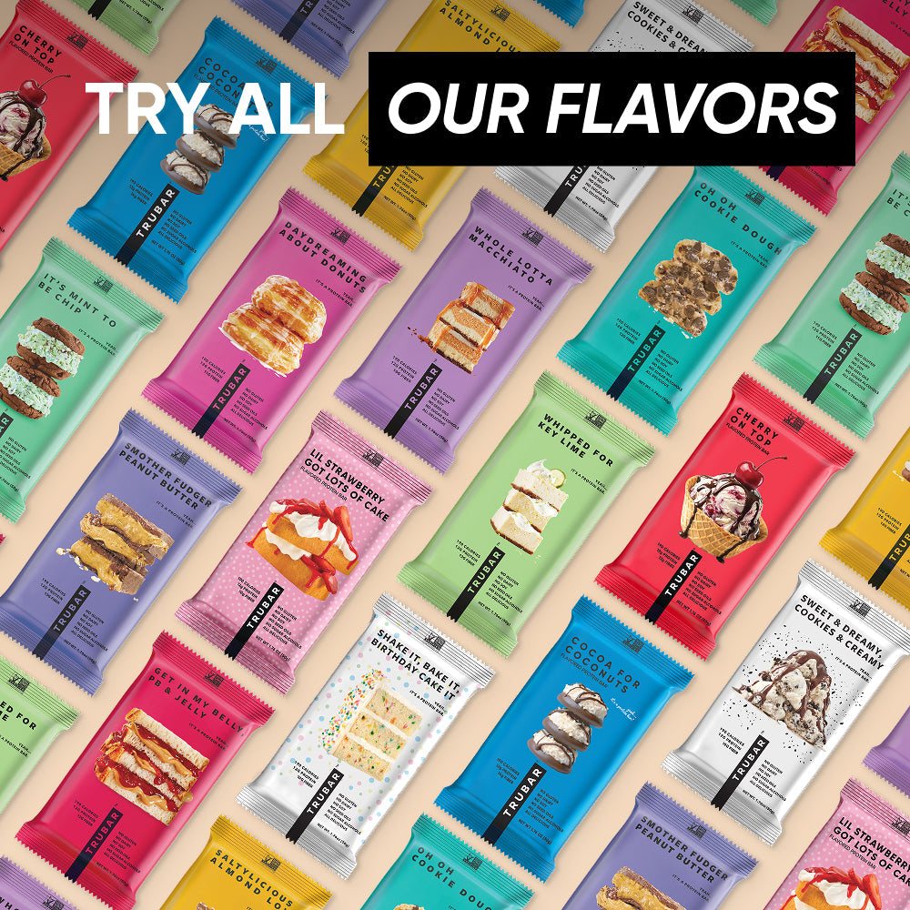 Assorted TruBar protein bar lineup, multicolor packages arranged in rows