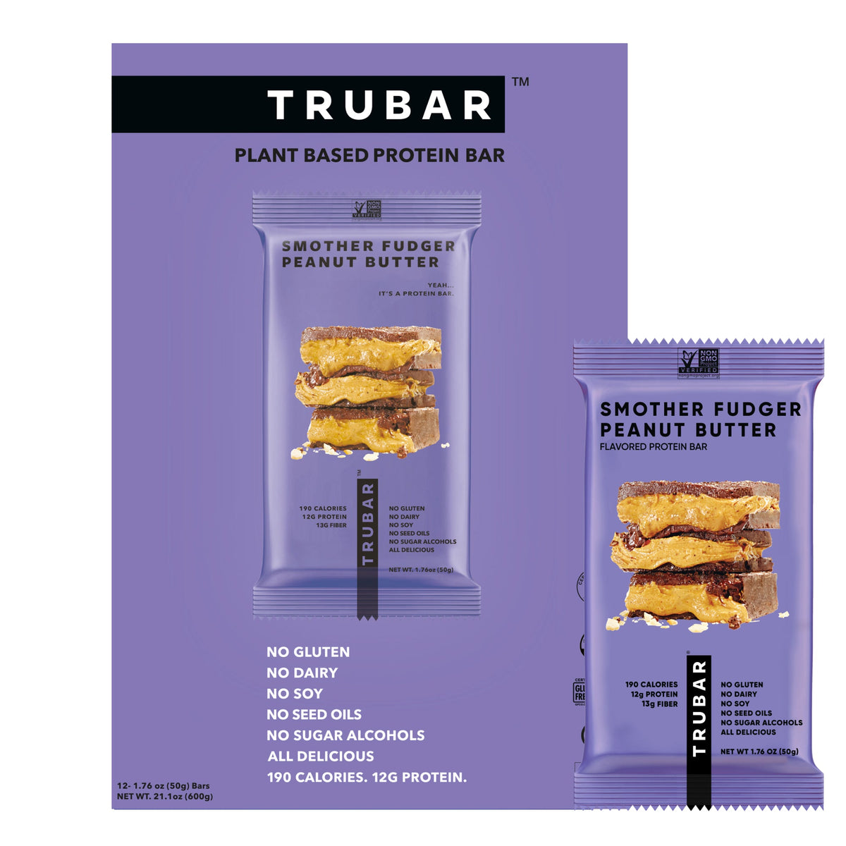 TRUBAR plant-based protein bar pack and single pouch, purple wrapper