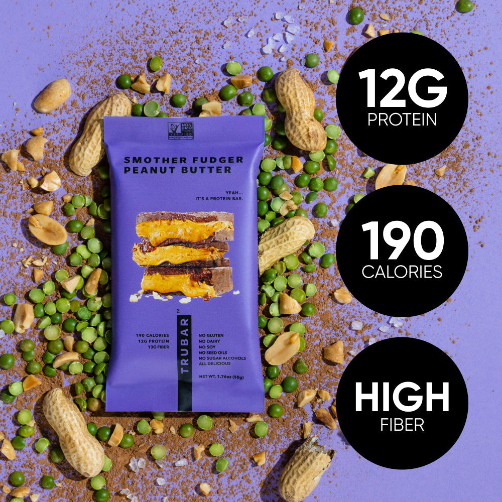 Purple protein bar pouch with badges for 12g protein, 190 calories, high fiber