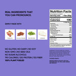 Protein bar back label with Nutrition Facts and ingredient callouts on purple pouch