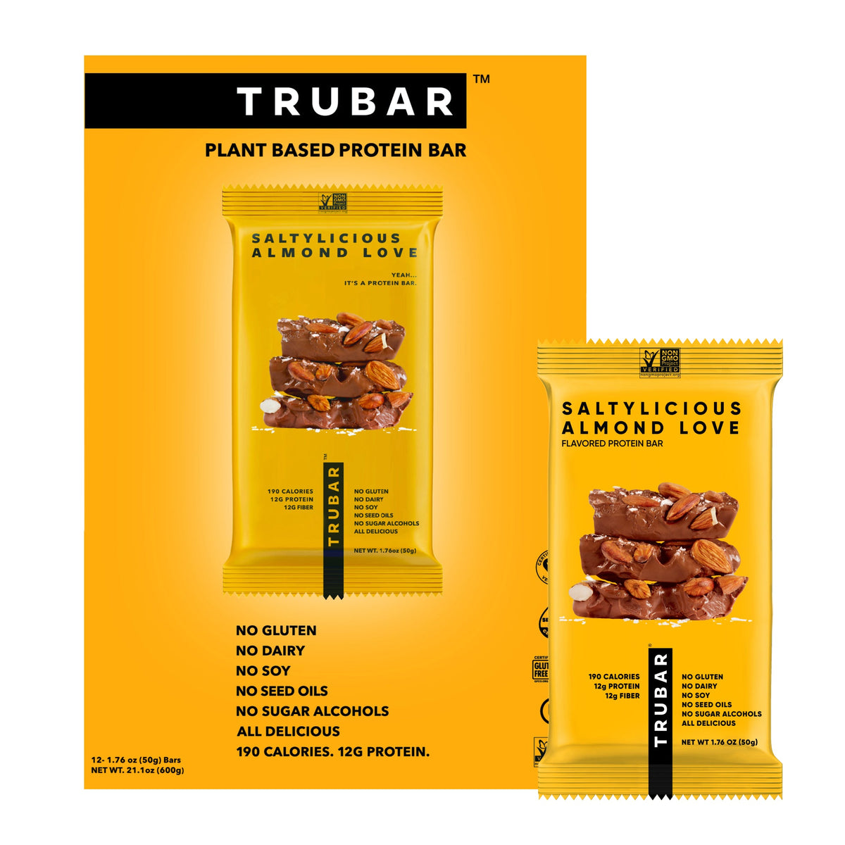Two Saltylicious Almond Love flavored protein bar packages, yellow wrapper with chocolate and almonds