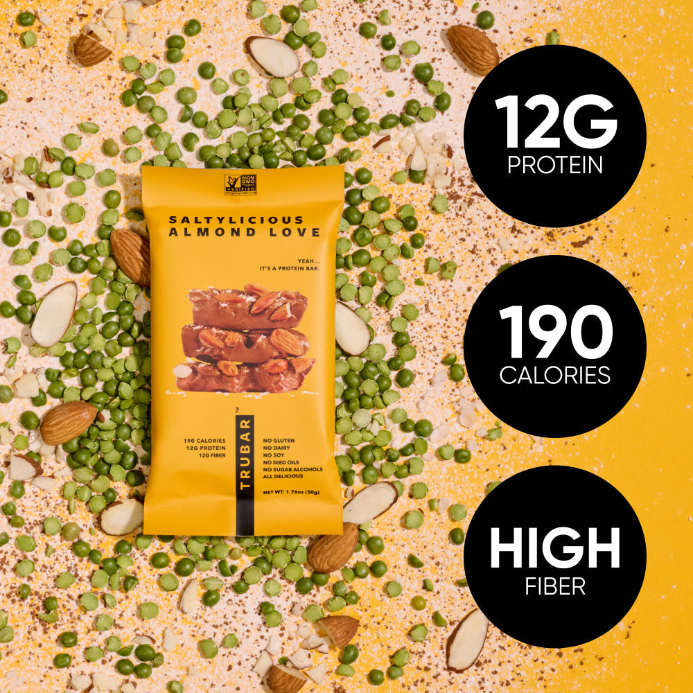 Saltylicious Almond Love bar with 12g protein, 190 calories, and high fiber labels