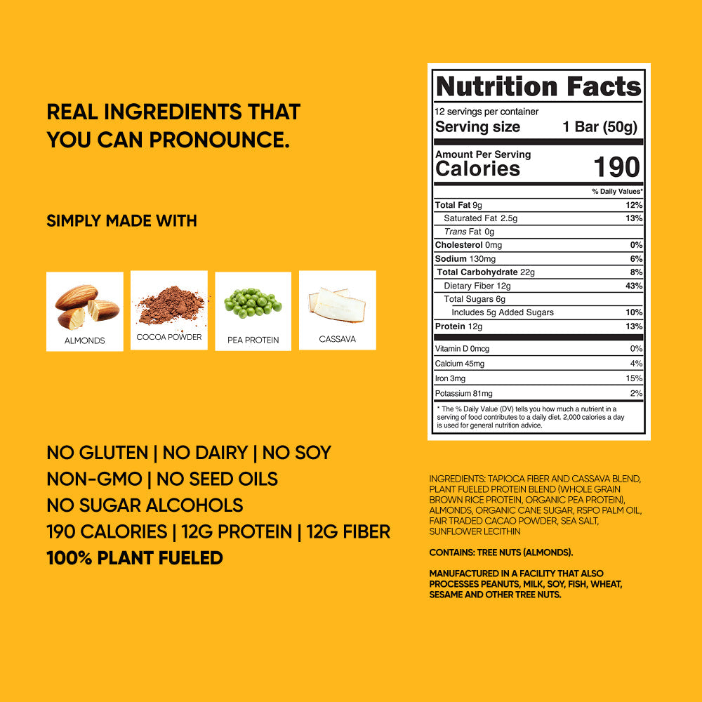Saltylicious Almond Love nutrition facts panel on yellow protein bar wrapper