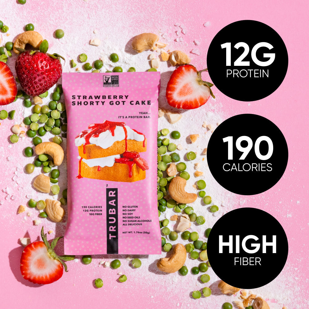 TRUBAR Strawberry Shorty Got Cake protein bar with 12g protein, 190 calories, high fiber labels