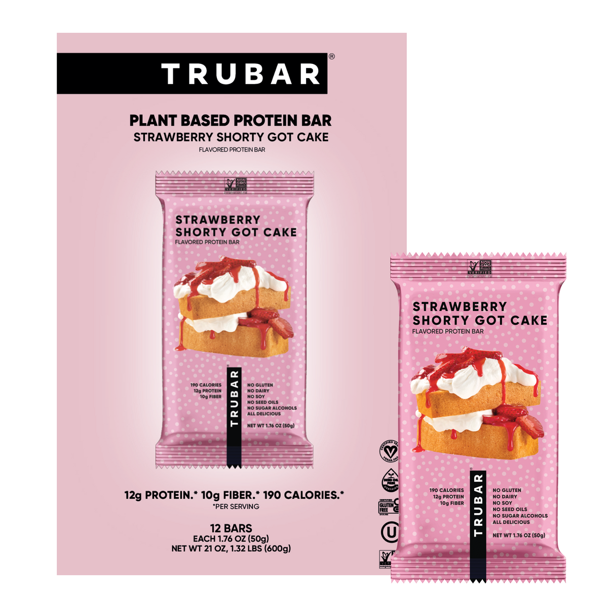 TRUBAR plant based protein bar multipack view with Strawberry Shorty Got Cake flavor on pink