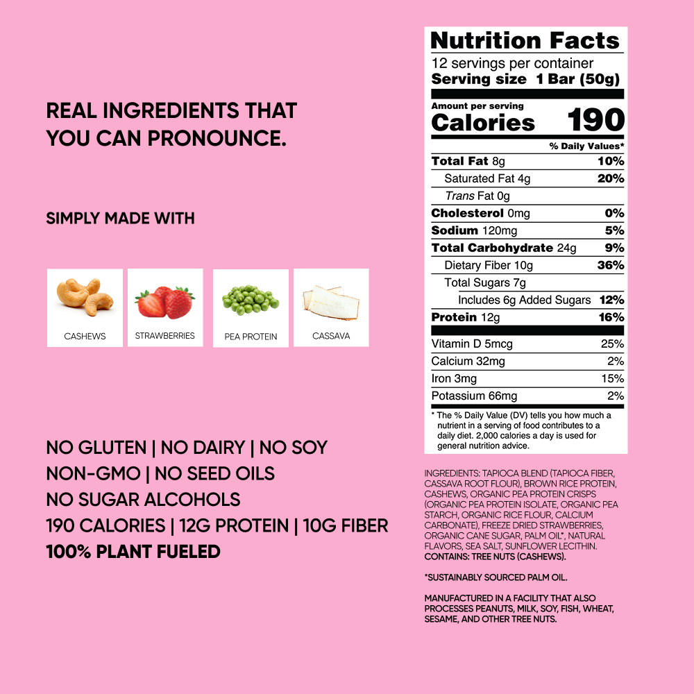 Protein bar nutrition facts and ingredient panel on pink package back