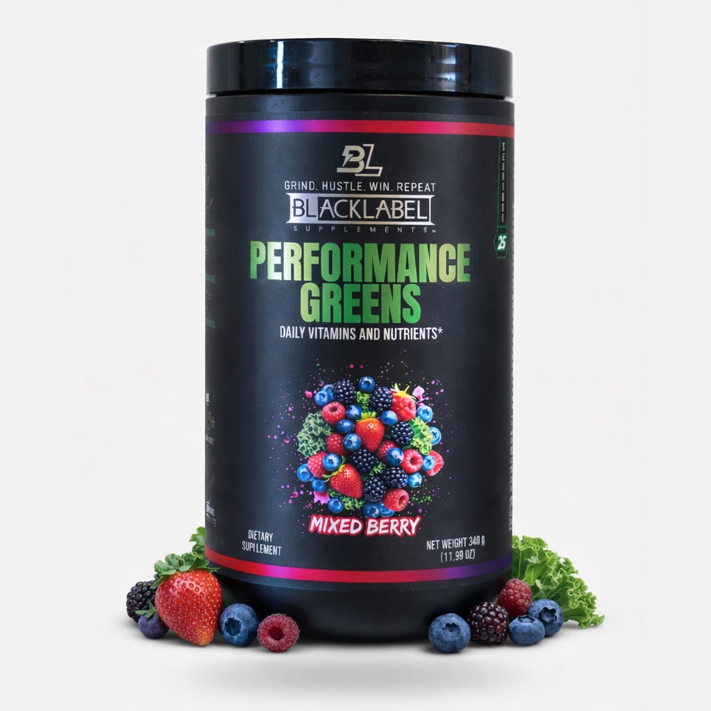 Supplement jar with black label, purple band, and mixed berry flavor graphics