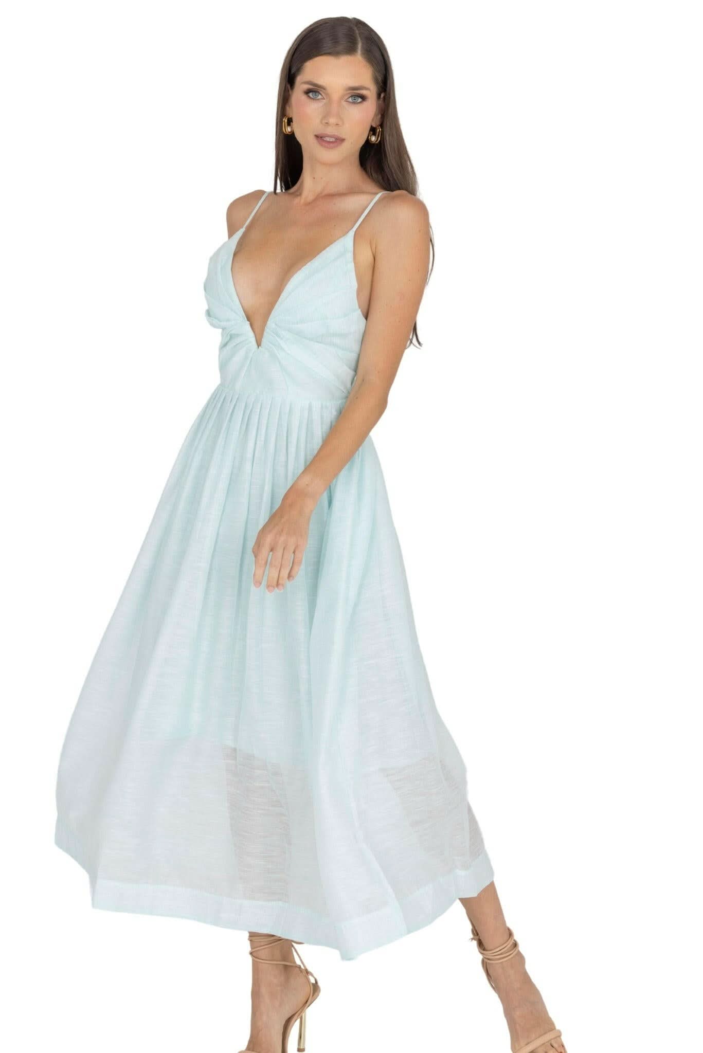 Light blue V-neck midi dress with spaghetti straps, gathered waist, flowy skirt