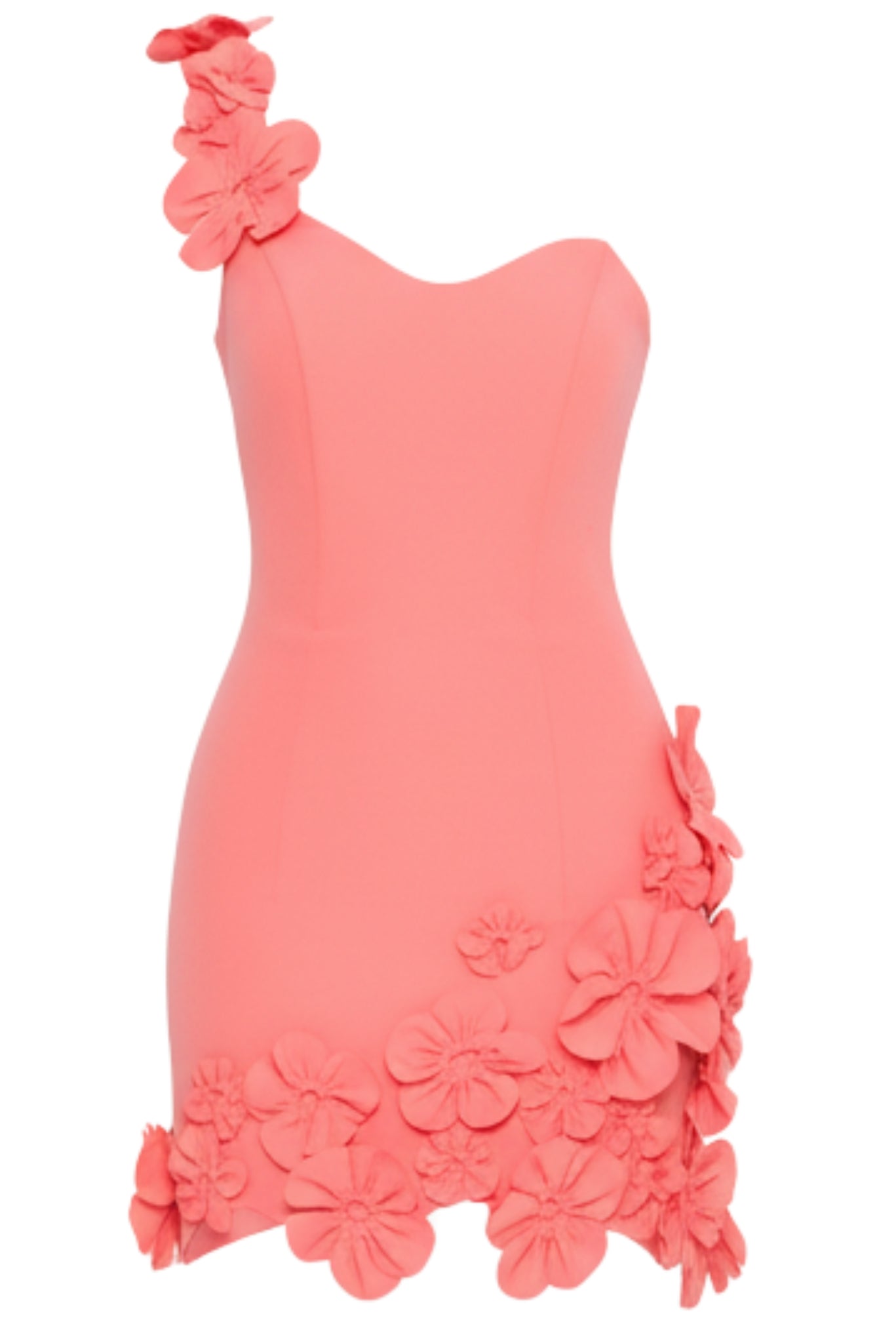 Coral pink floral mini dress close-up, 3D flower appliques at hem and shoulder