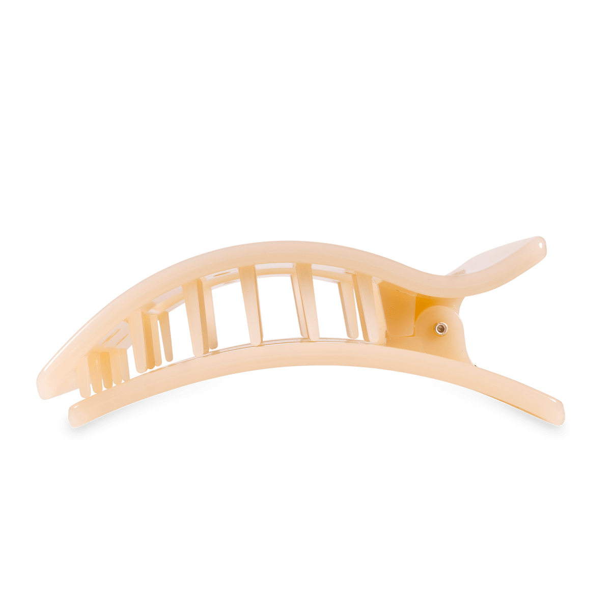 Large flat rectangle hair clip in almond beige, side view with ridged grip teeth