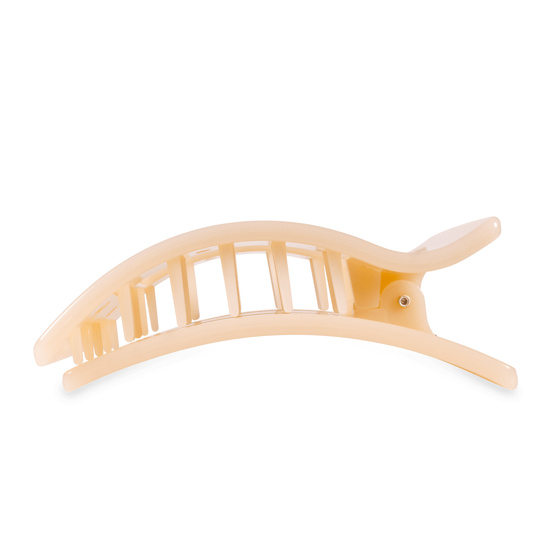 Large flat rectangle hair clip in almond beige, side view with ridged grip teeth
