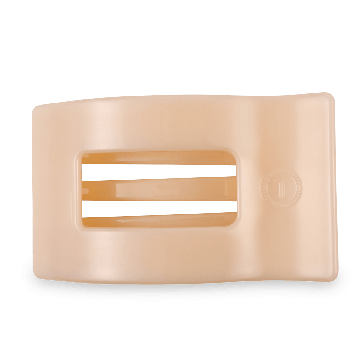 Large flat rectangle hair clip, almond beige, open window design with embossed mark