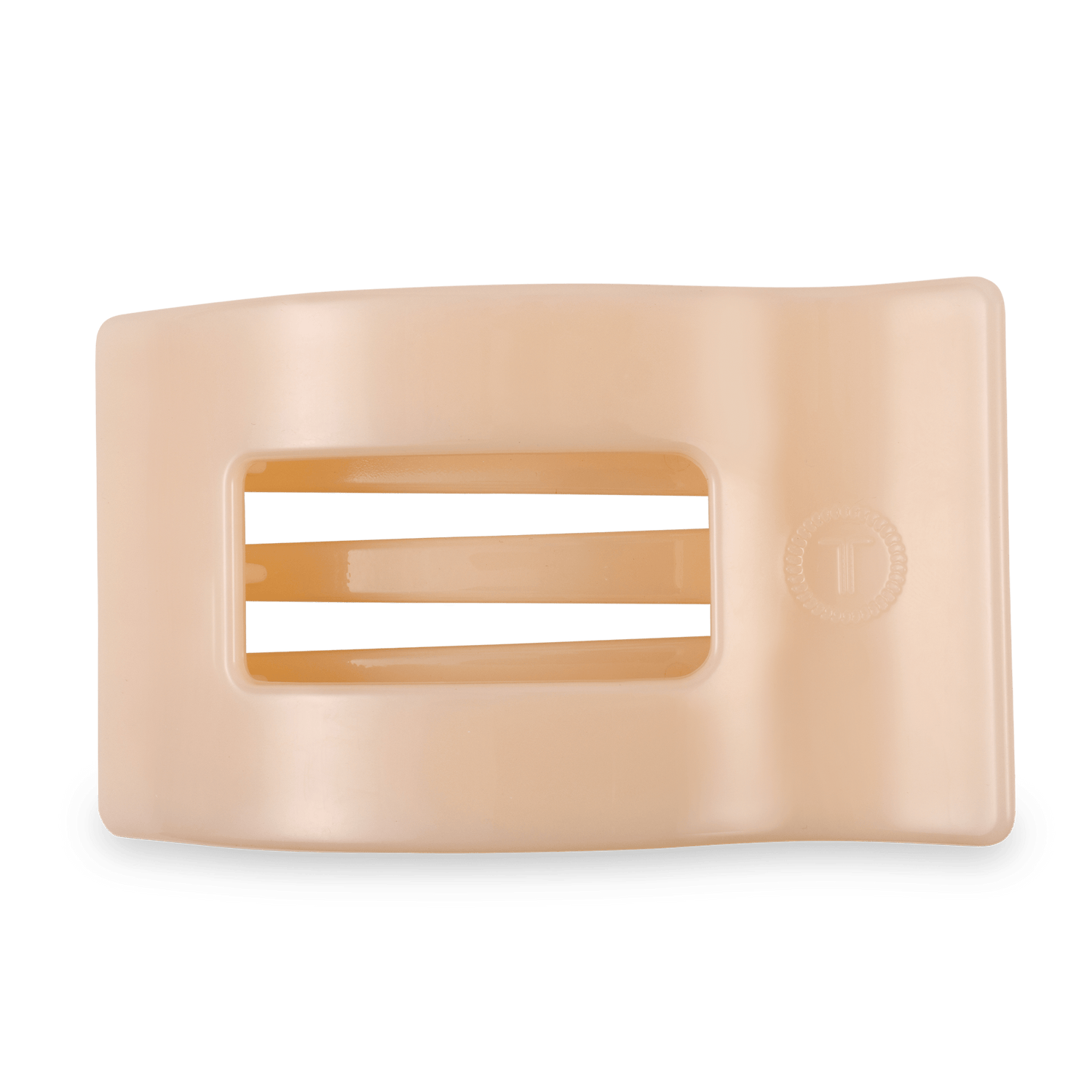 Large flat rectangle hair clip, almond beige, open window design with embossed mark