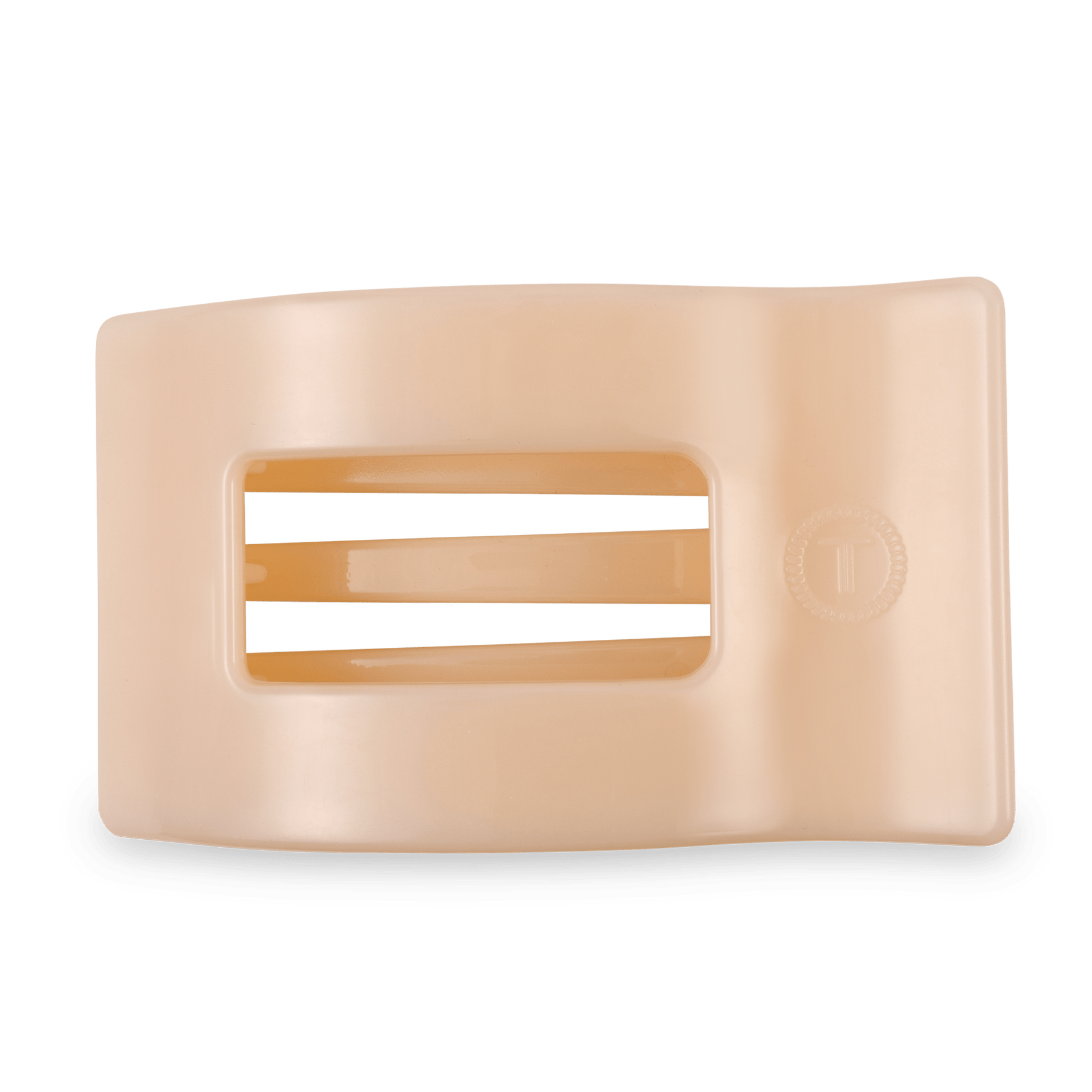Large flat rectangle hair clip, almond beige, open window design with embossed mark