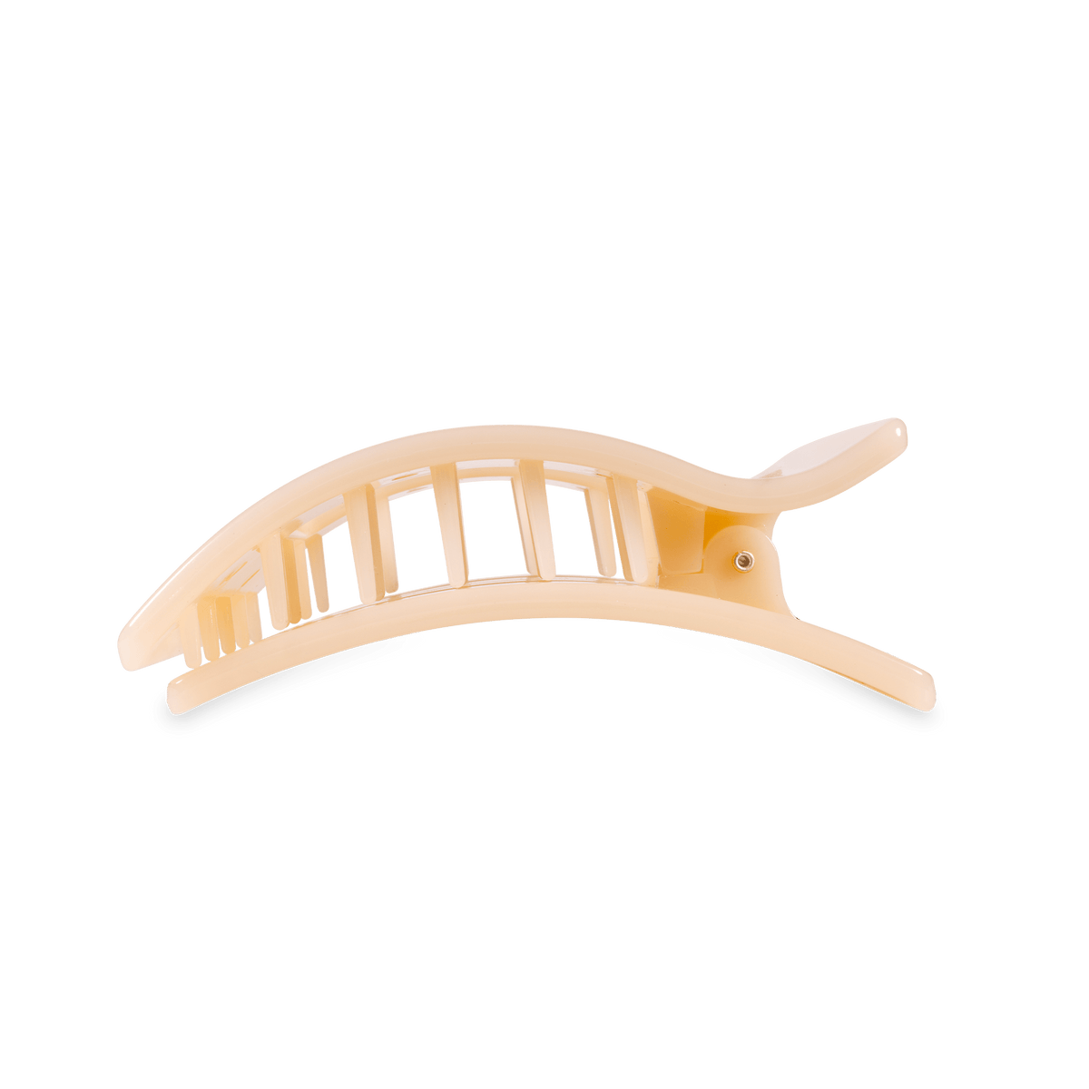 Almond beige flat rectangle hair clip with arched prongs, side view