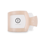 Almond beige flat square hair clip with circular logo on back plate