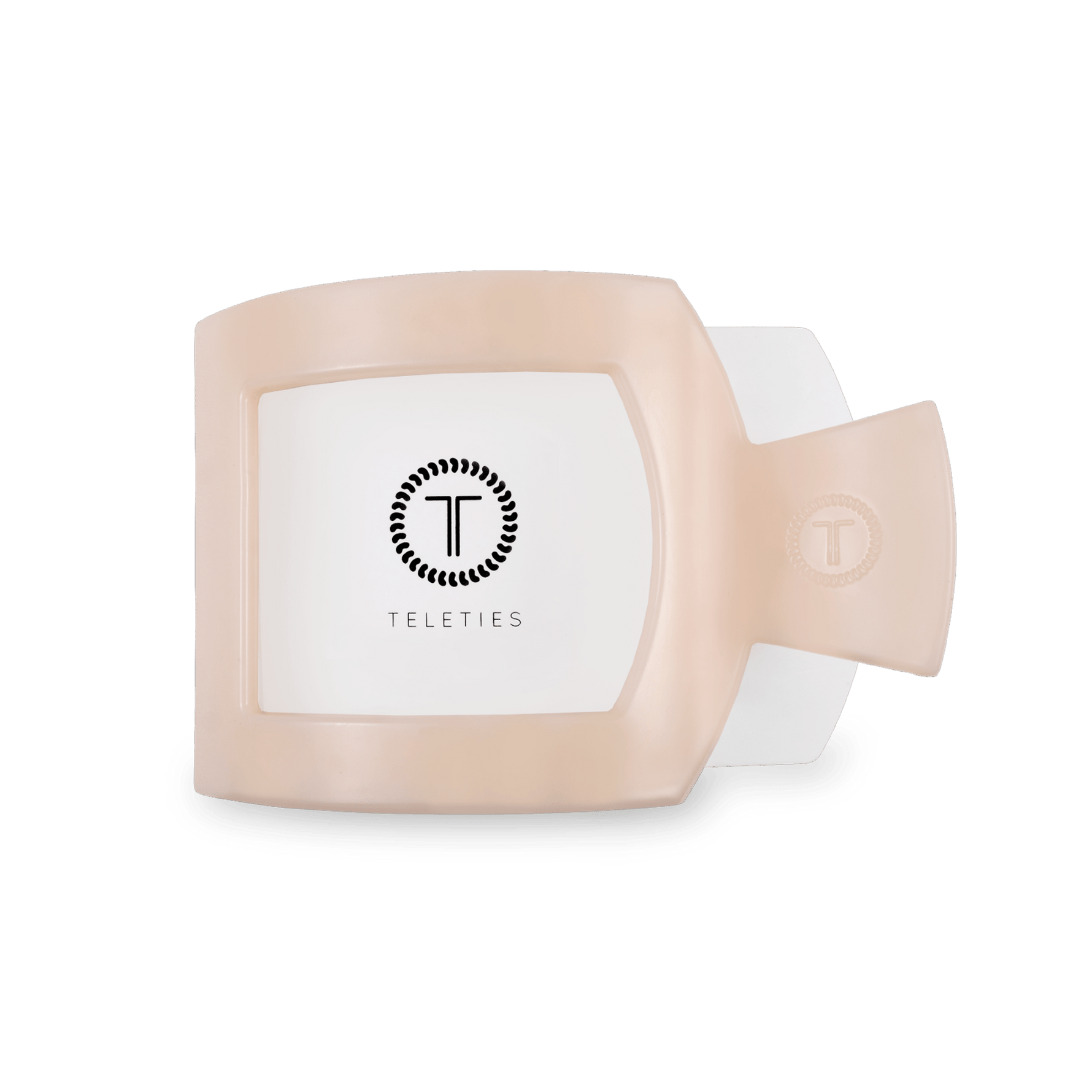 Almond beige flat square hair clip with circular logo on back plate