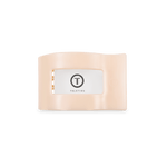 Almond beige small flat rectangle hair clip with underside logo label