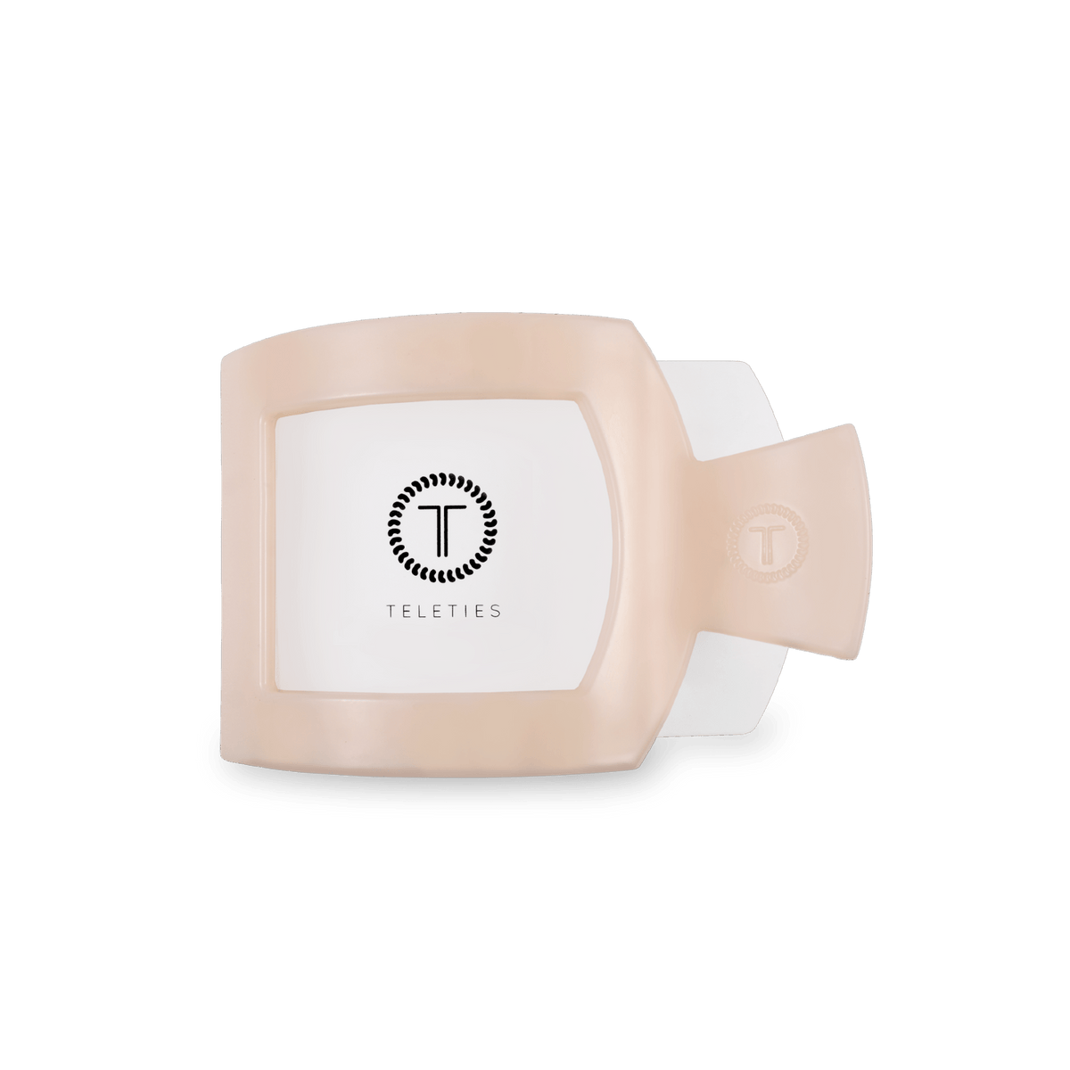 Almond beige flat square hair clip with Teleties logo on the back