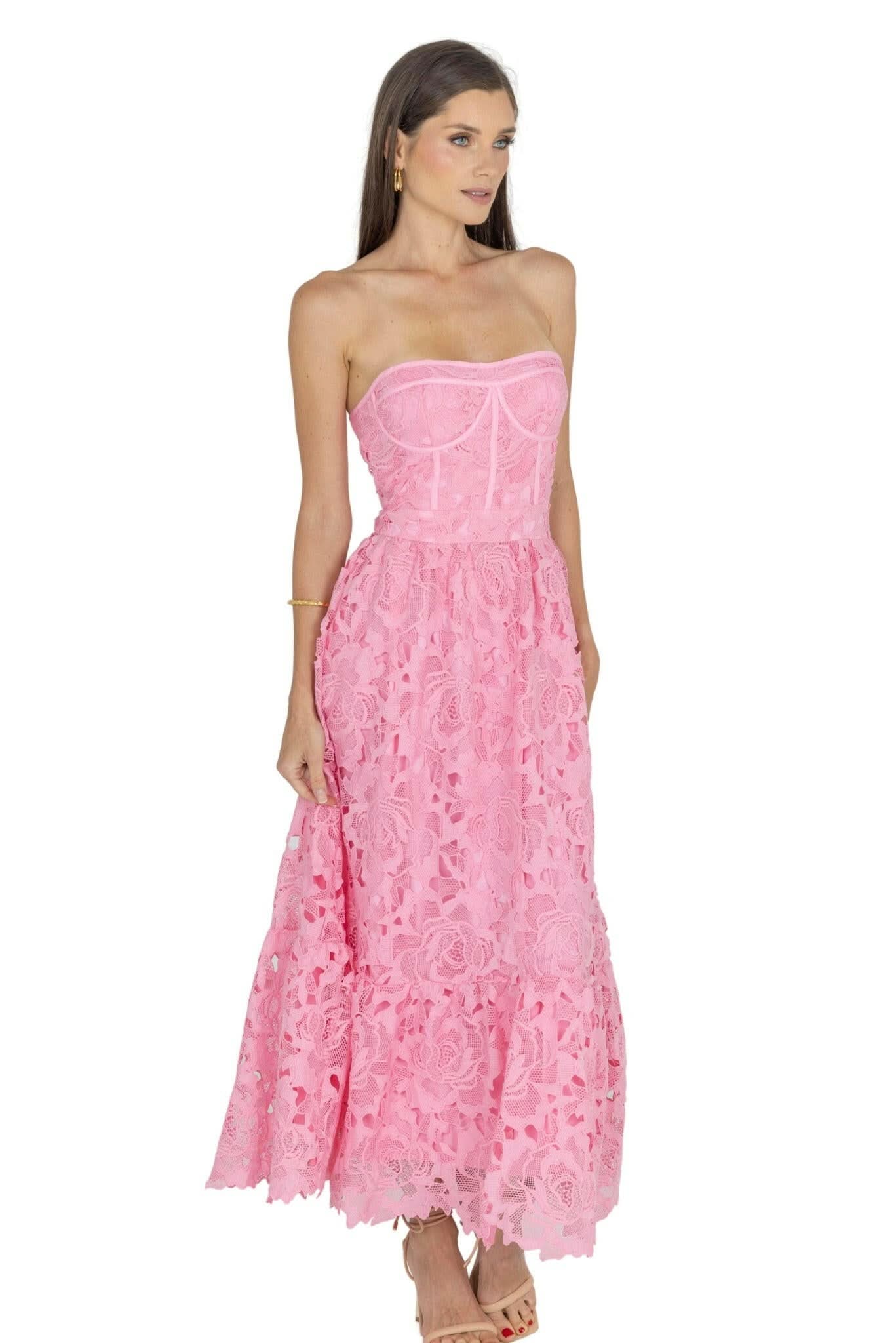 Pink lace bustier midi dress, strapless sweetheart neckline, tiered guipure detail